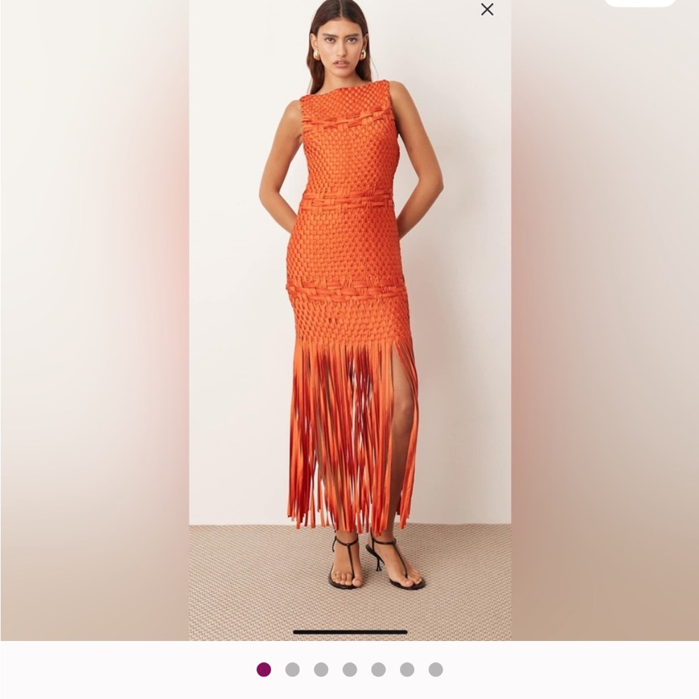 ISO ARRANGE lattice handwoven fringe hem midi dress in orange